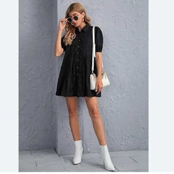 Zara Poplin Tiered Babydoll Mini Dress Black Size Small Blogger Fav - Picture 2 of 6